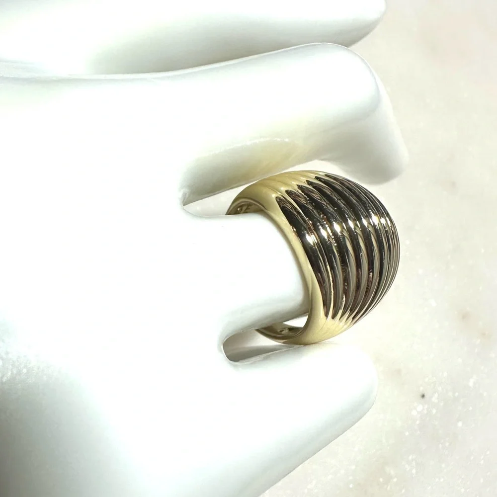 Bellezza 18k Yellow Gold over Bronze Horizontal-Ribbed Wide Band Dome Ring